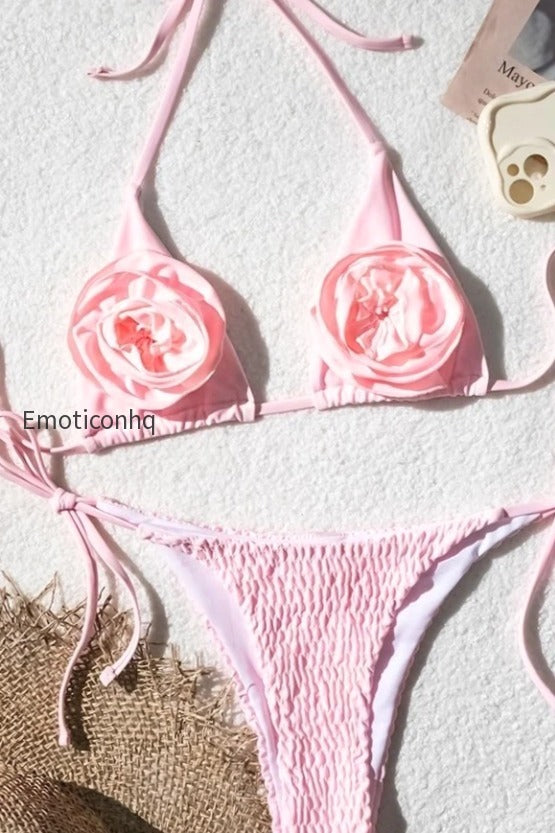 ruffle-floral-solid-tie-bikini-set