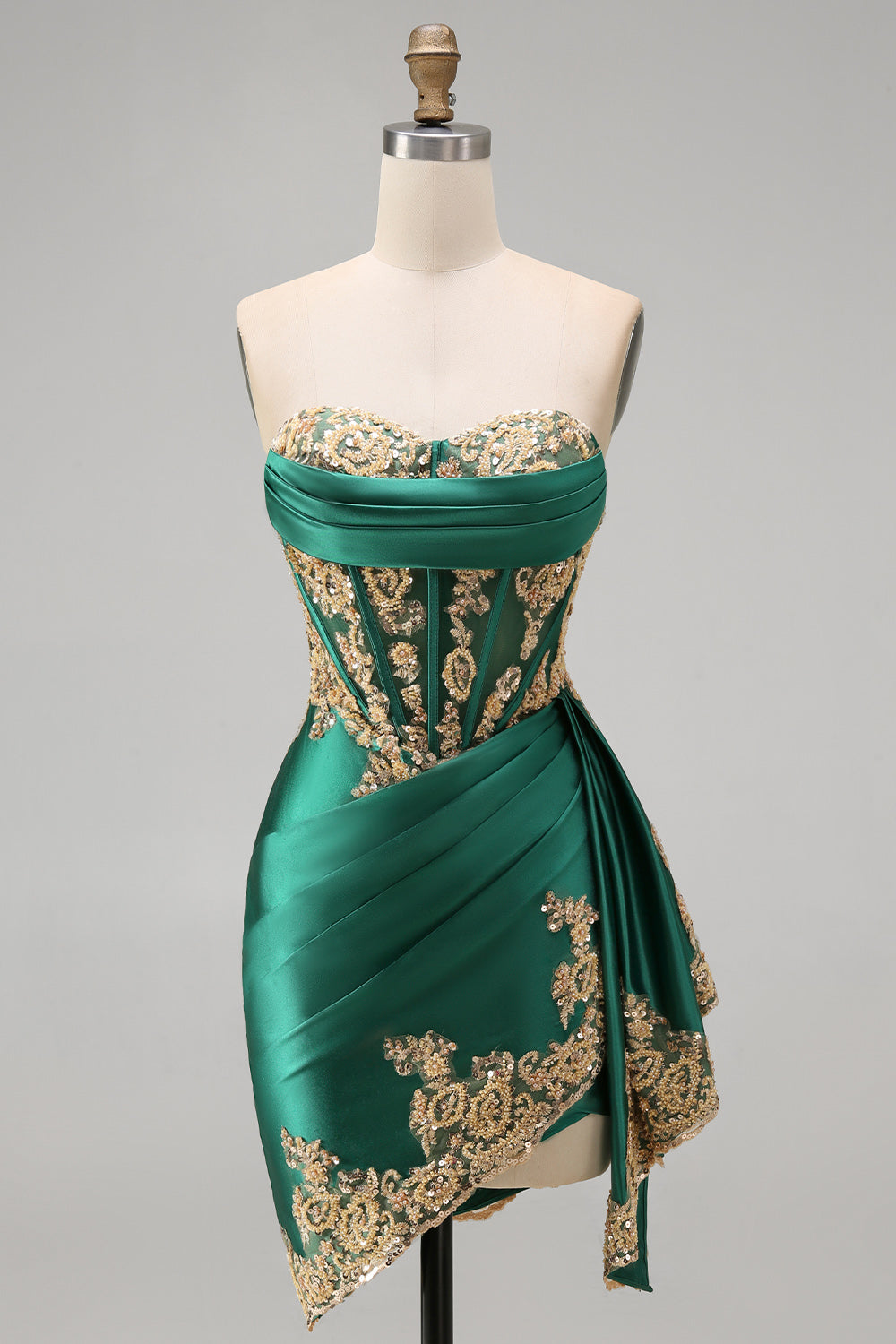 strapless-corset-ruched-short-sparkly-dark-green-appliqued-homecoming-dress-with-ruffles