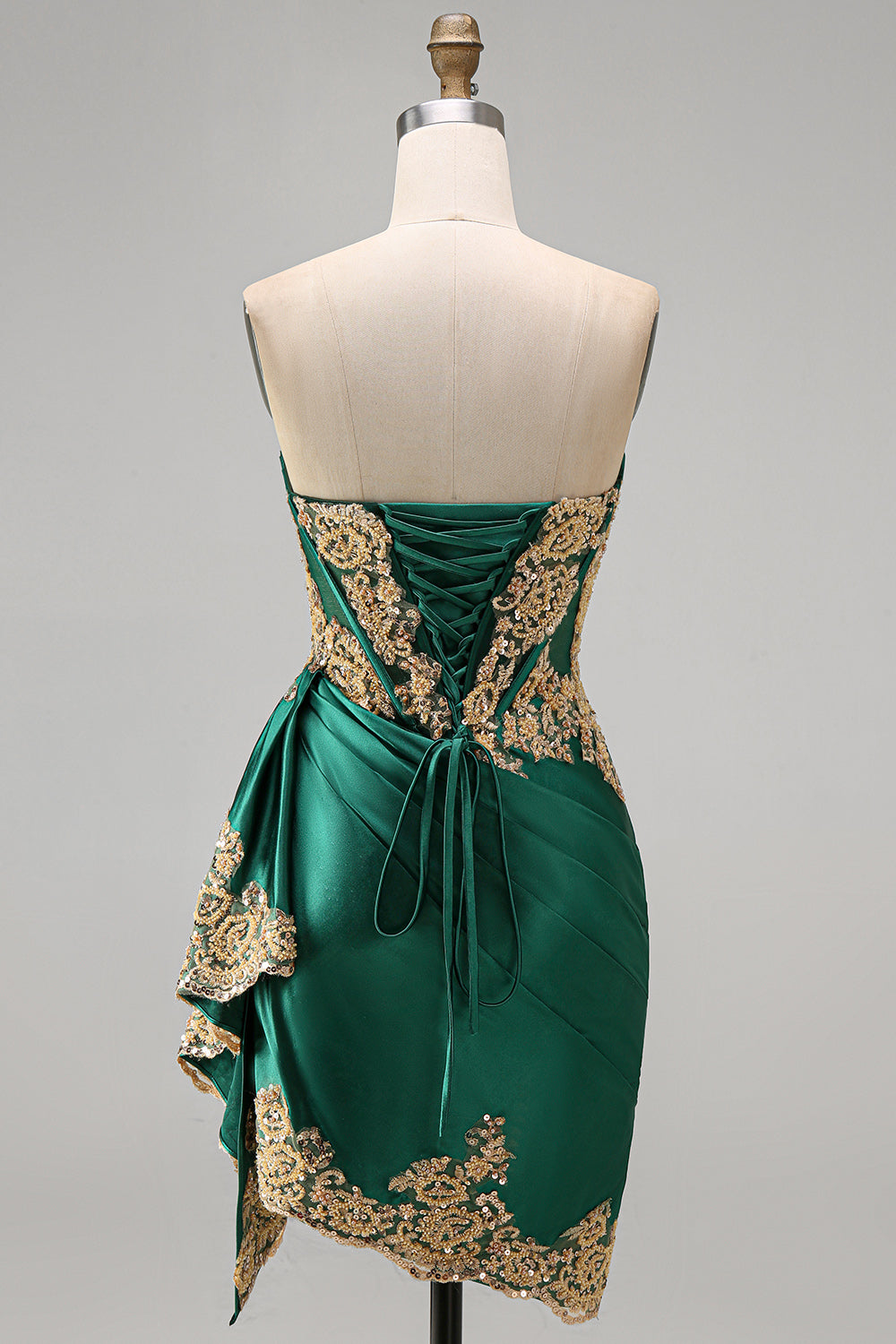 strapless-corset-ruched-short-sparkly-dark-green-appliqued-homecoming-dress-with-ruffles