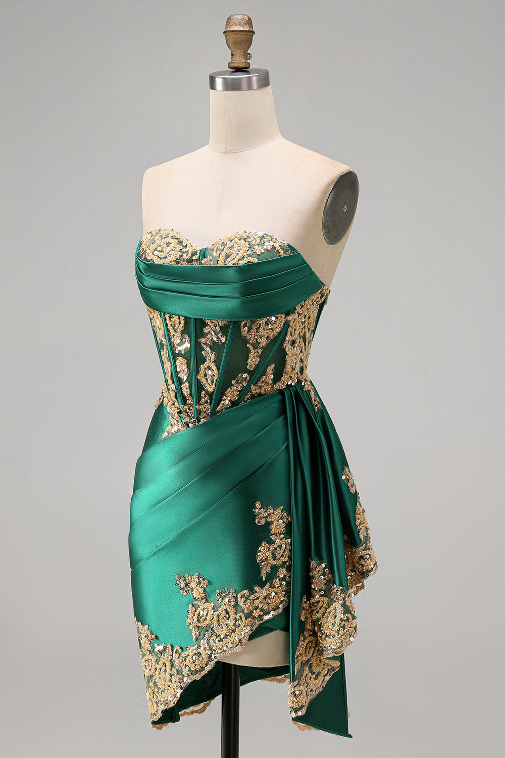 strapless-corset-ruched-short-sparkly-dark-green-appliqued-homecoming-dress-with-ruffles
