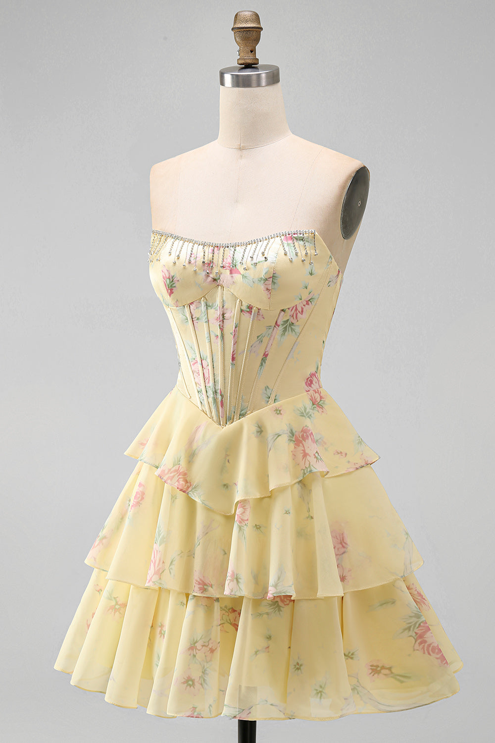 yellow-a-line-floral-corset-short-fringed-strapless-homecoming-dress-with-ruffles