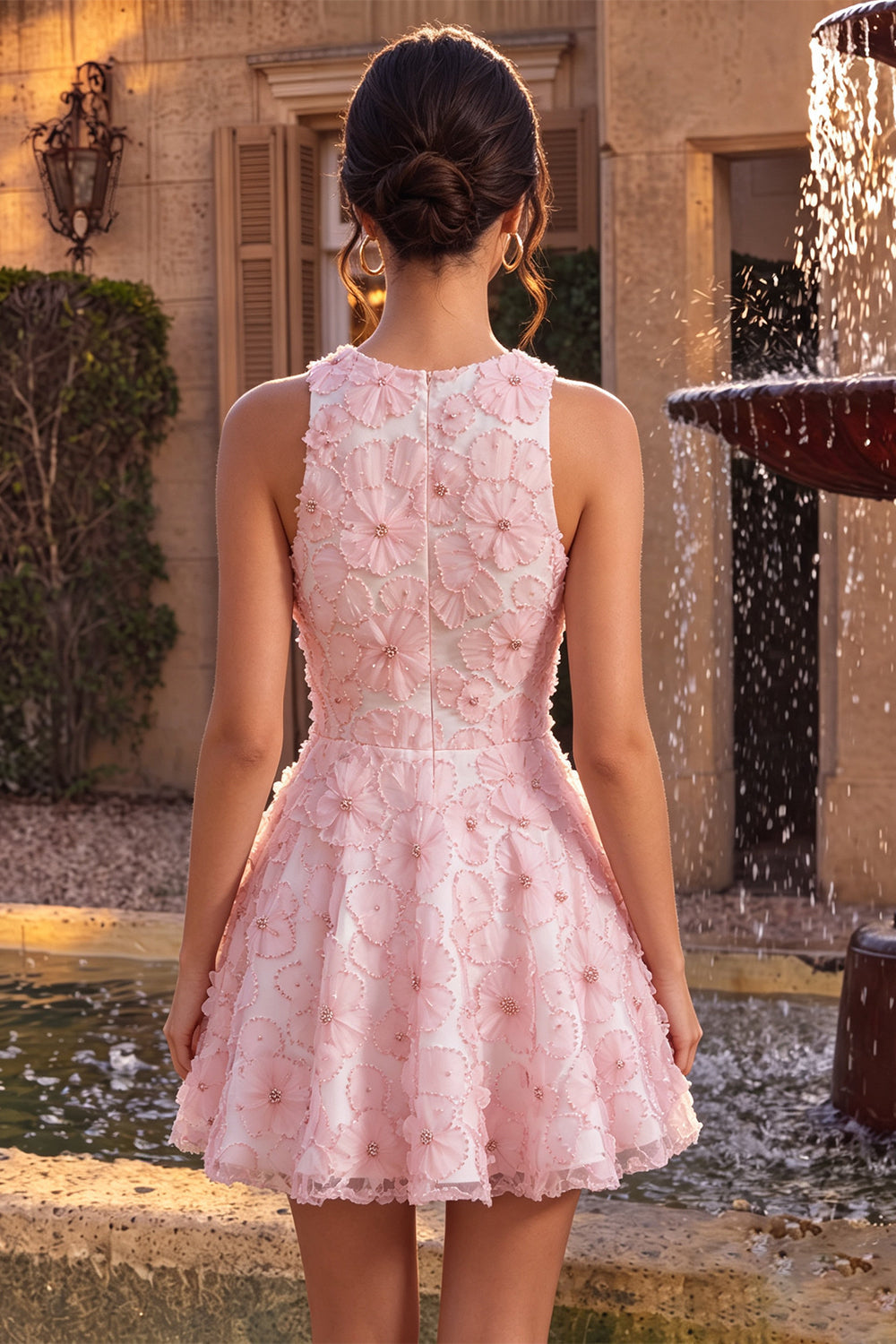 pink-floral-a-line-beaded-round-neck-short-homecoming-dress