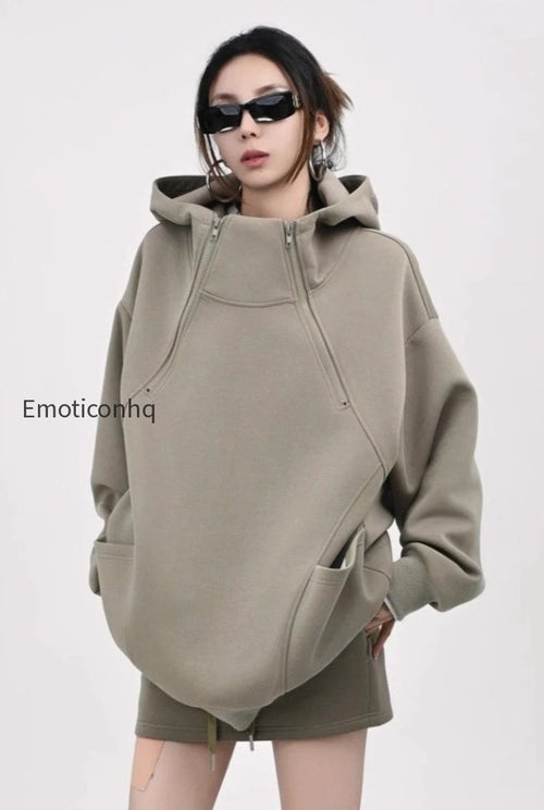 Oversized Hooded Sweatshirt with Side Zipper Hoodie