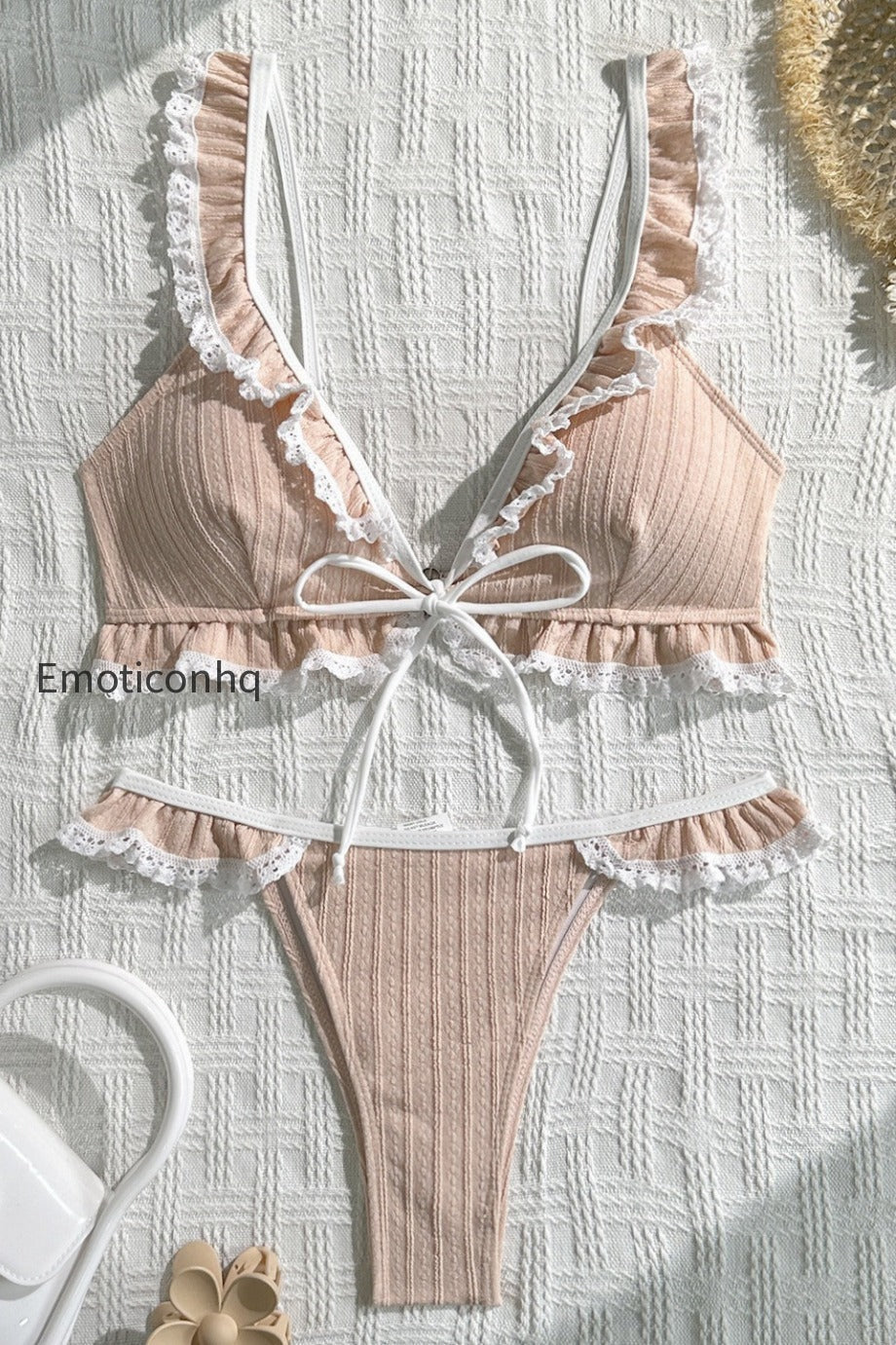 lace-ruffle-solid-string-bikini-set