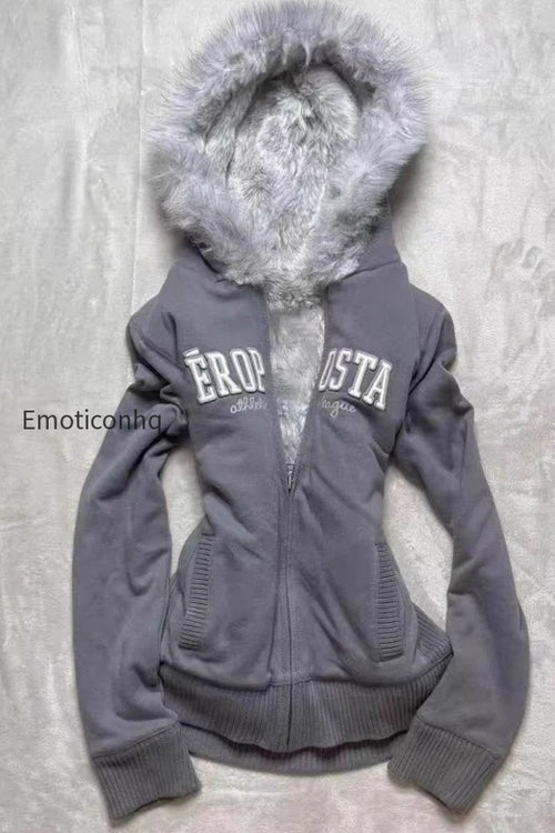 Vintage Grey Fleece Lined American Retro Stylish Hoodie