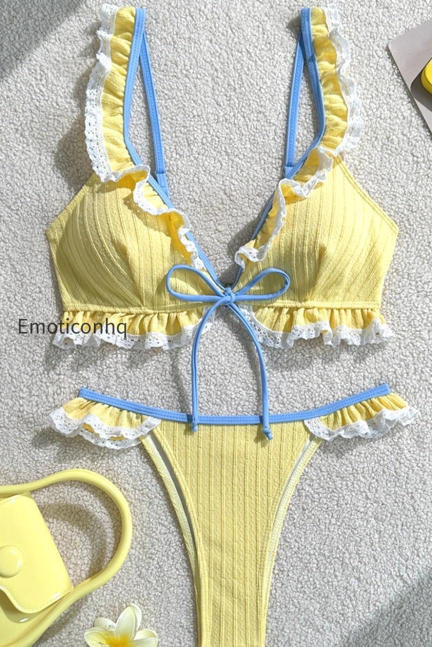 lace-ruffle-solid-string-bikini-set