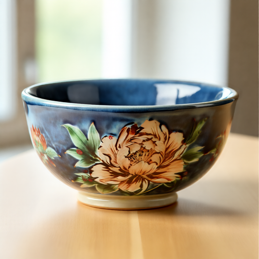 Navy Bloom Ceramic Bowl – Bold Floral Serving Bowl