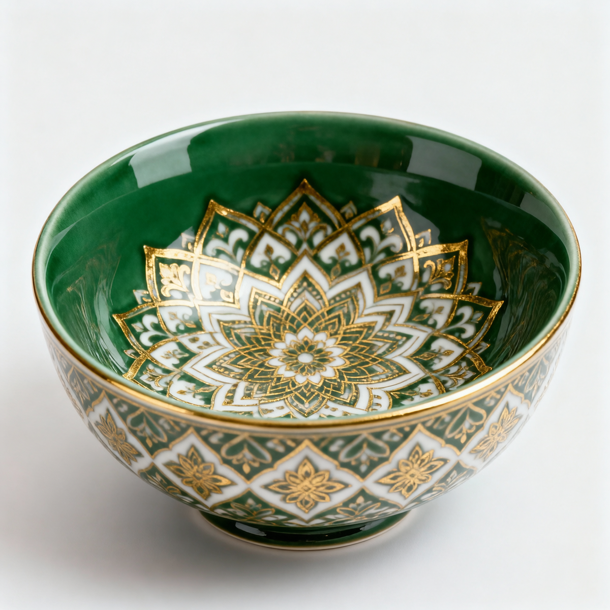 Emerald Mandala Bowl – Gold Arabesque Serving Bowl