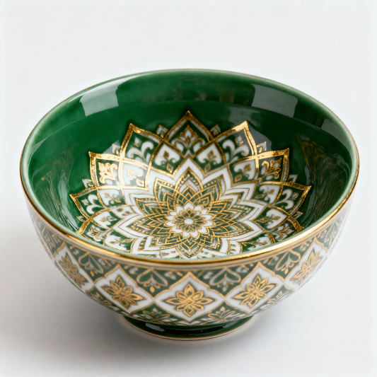 Emerald Mandala Bowl – Gold Arabesque Serving Bowl