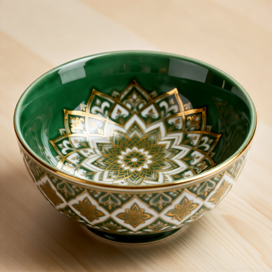 Emerald Mandala Bowl – Gold Arabesque Serving Bowl