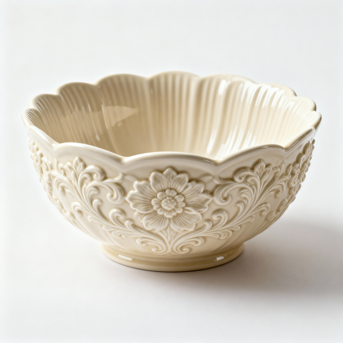 Embossed Fluted Bowl – Cream Petal-Rim Bowl