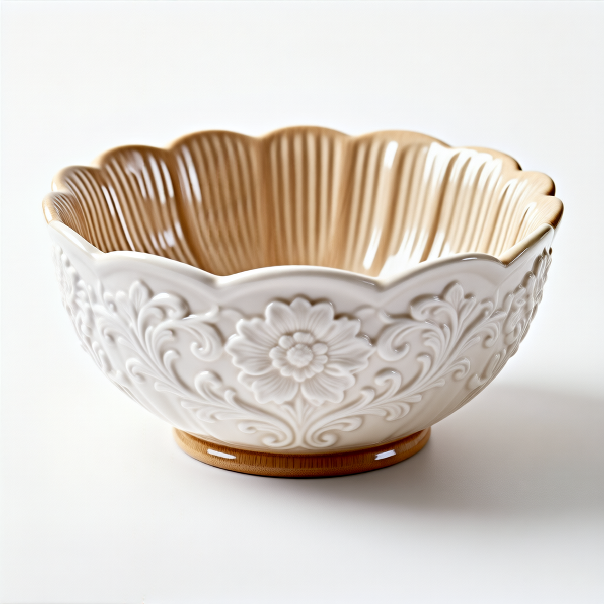 Embossed Fluted Bowl – Cream Petal-Rim Bowl
