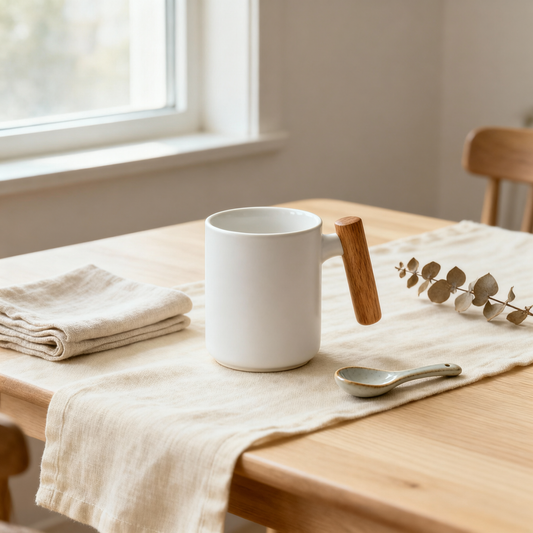Wood Handle Ceramic Mug – Nordic Style Coffee Cup