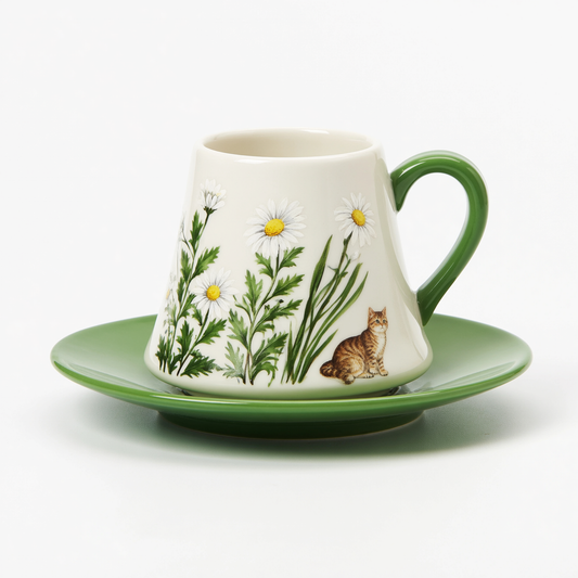 Cat & Daisy Ceramic Tea Cup & Saucer – Cottage Garden Set