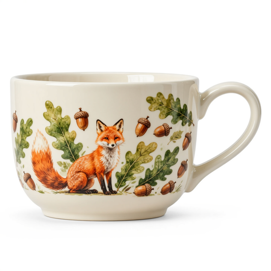 Woodland Fox Ceramic Mug – Wide Acorn Handle Cup