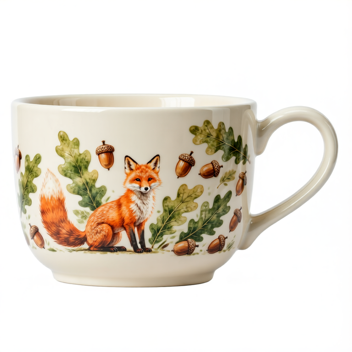 Woodland Fox Ceramic Mug – Wide Acorn Handle Cup