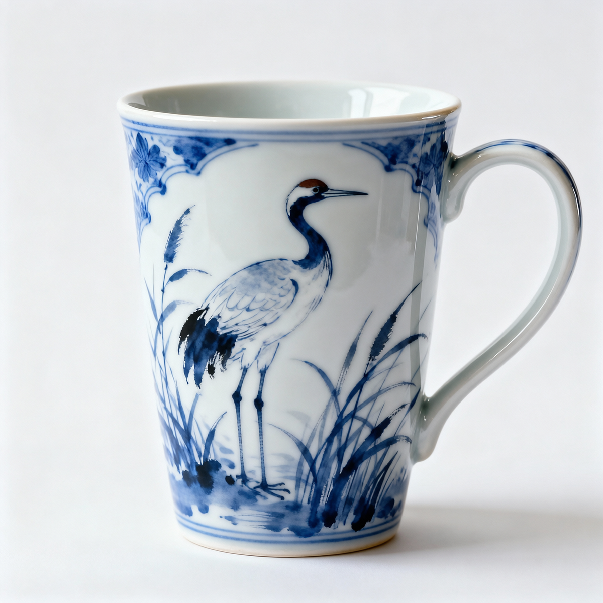 Blue & White Porcelain Bird Mug – Japanese Crane Cup