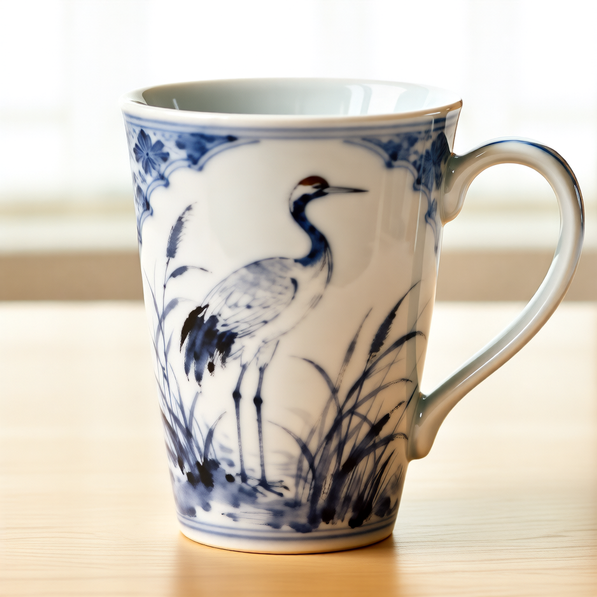 Blue & White Porcelain Bird Mug – Japanese Crane Cup