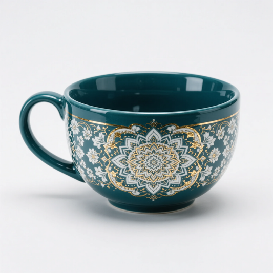 Teal Mandala Ceramic Mug – Contrast Folk Pattern Cup
