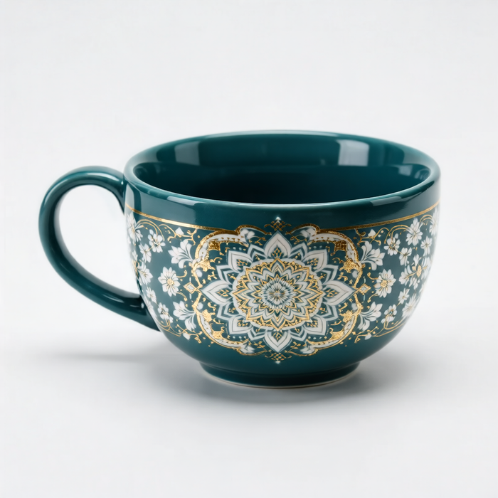 Teal Mandala Ceramic Mug – Contrast Folk Pattern Cup