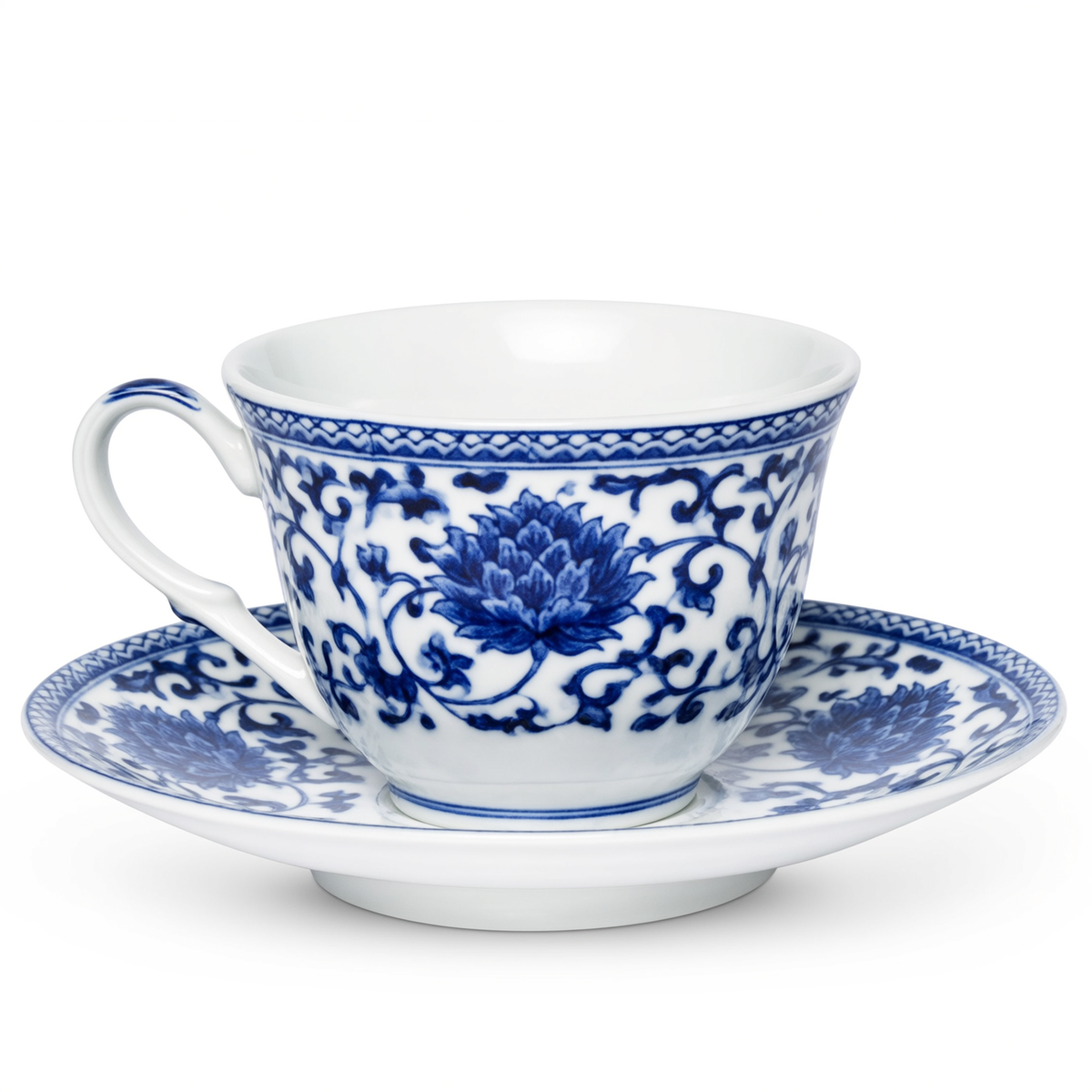 Blue & White Porcelain Tea Cup & Saucer – Chinoiserie Set