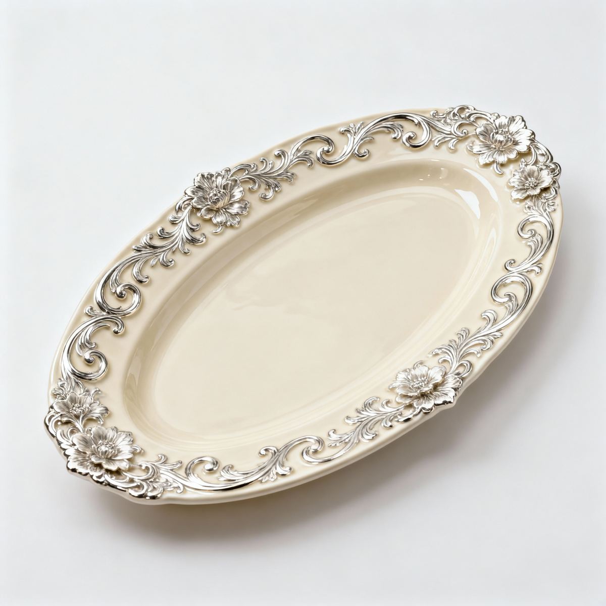 Silver Scroll Oval Platter – Ornate Serving Plate