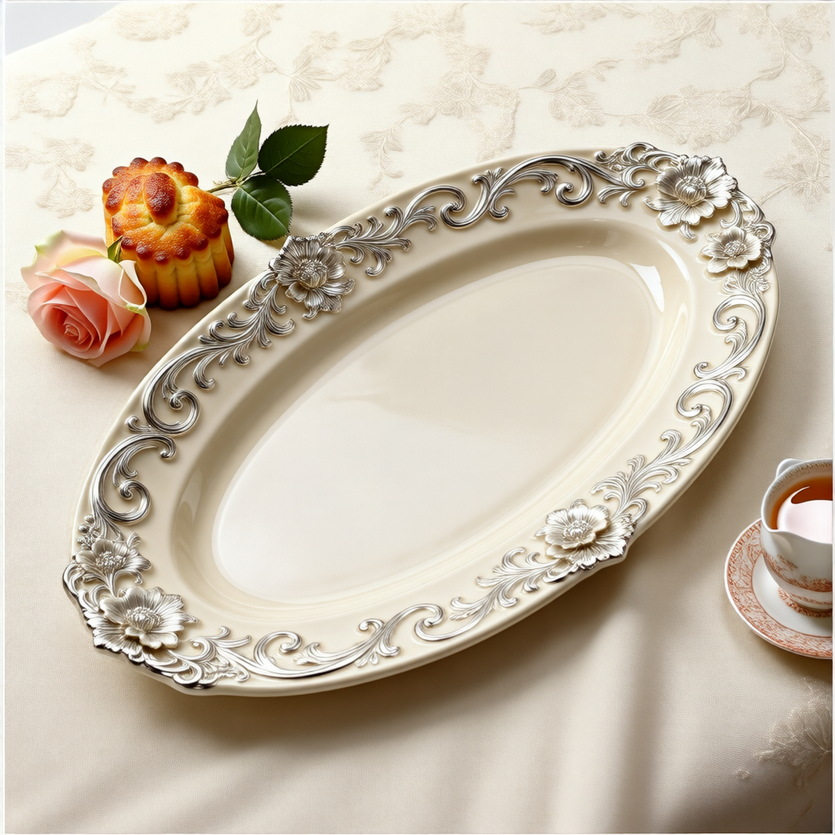 Silver Scroll Oval Platter – Ornate Serving Plate