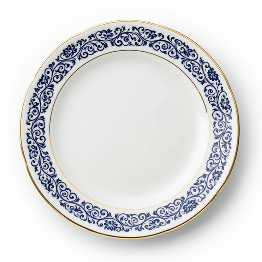 Royal Blue Scroll Plate – Ornate Gold Rim