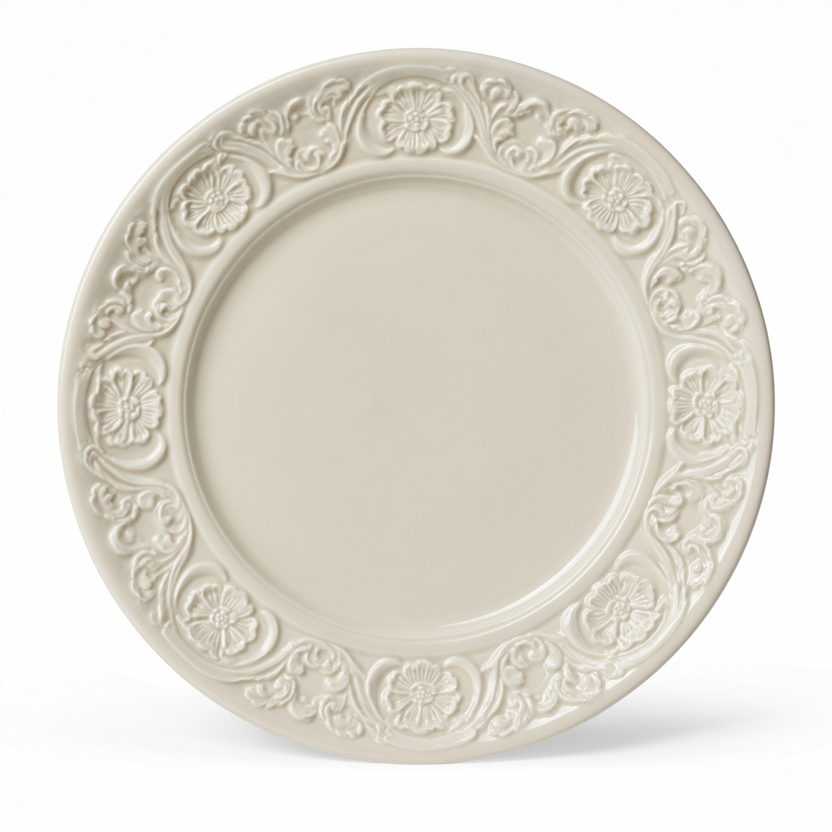 Embossed Cream Plate – Raised Floral Rim